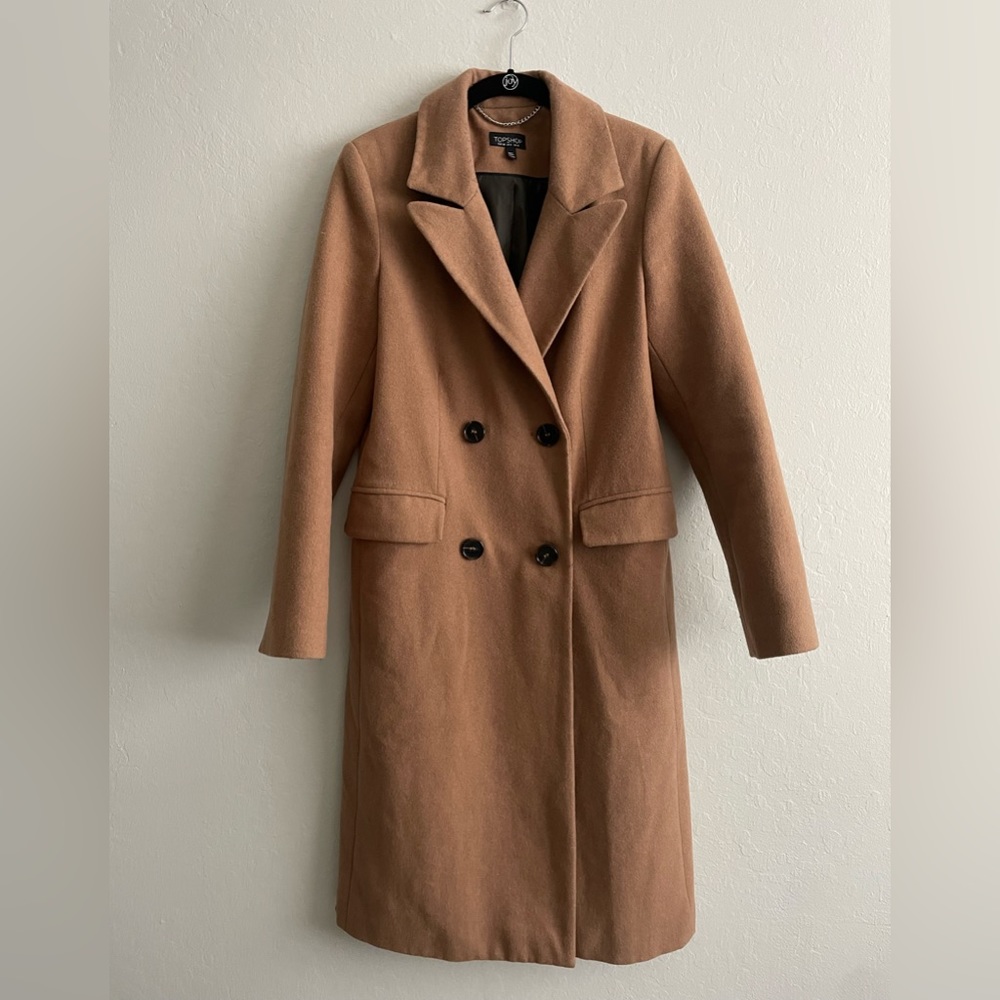 Topshop double breasted long coat - size 6 - Tan